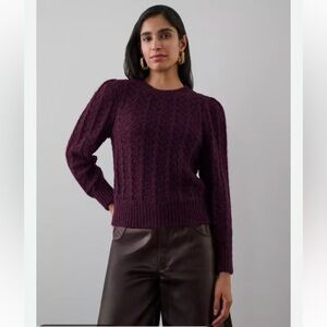 White + Warren Black Cherry Plush Alpaca Blend Pointelle Puff Sleeve Sweater